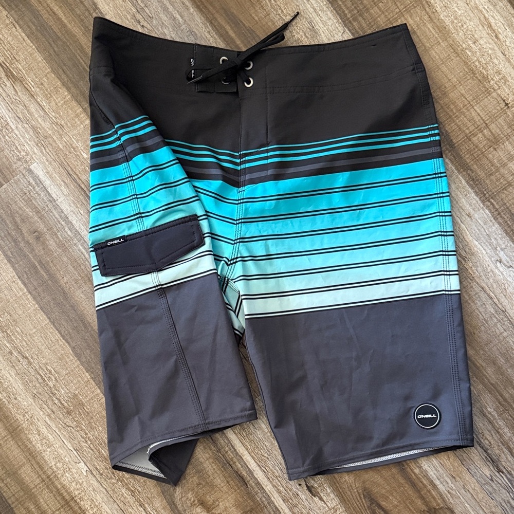 O'Neill Black and Aqua Striped Board Shorts - Like New Size 30